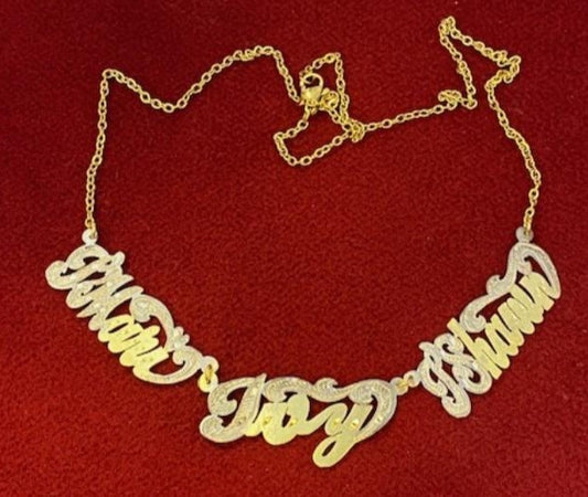 14k GP Personalized Any 3 Name Single Plate Nameplate Necklace SET