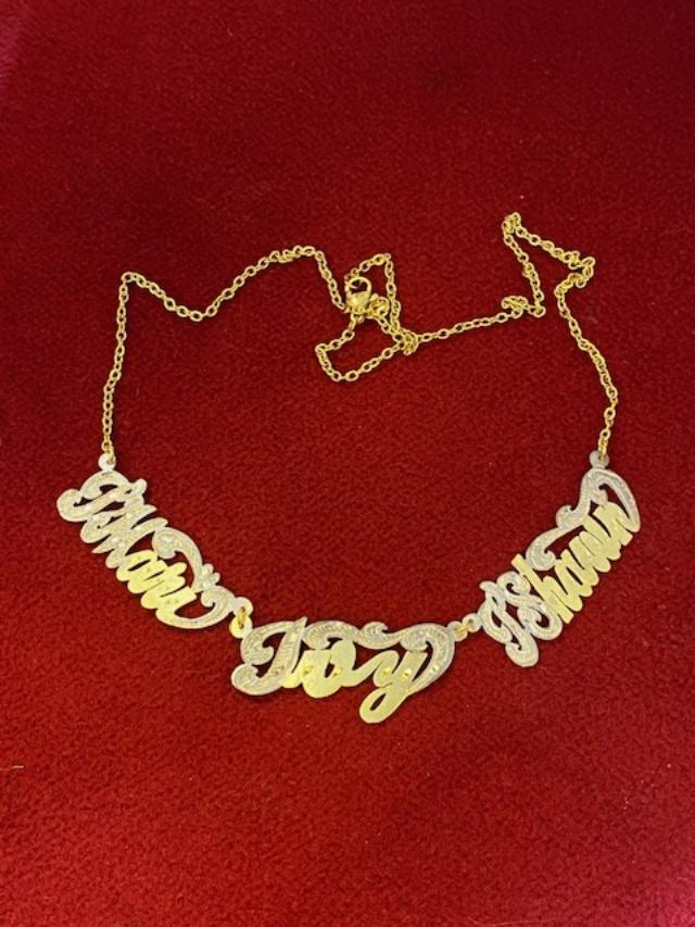 14k GP Personalized Any 3 Name Single Plate Nameplate Necklace SET