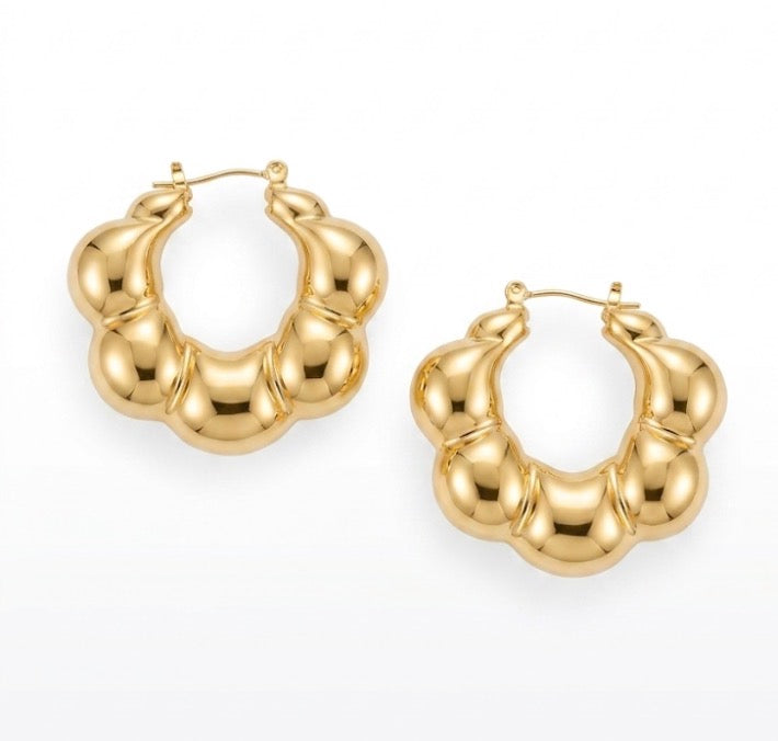 14k gold overlay fancy hoop puffy fancy earrings