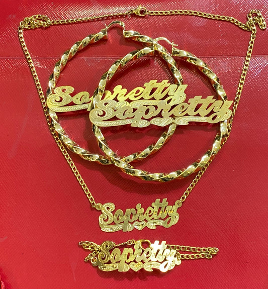 personalized name necklace and twisty 3 inch hoop earrings set