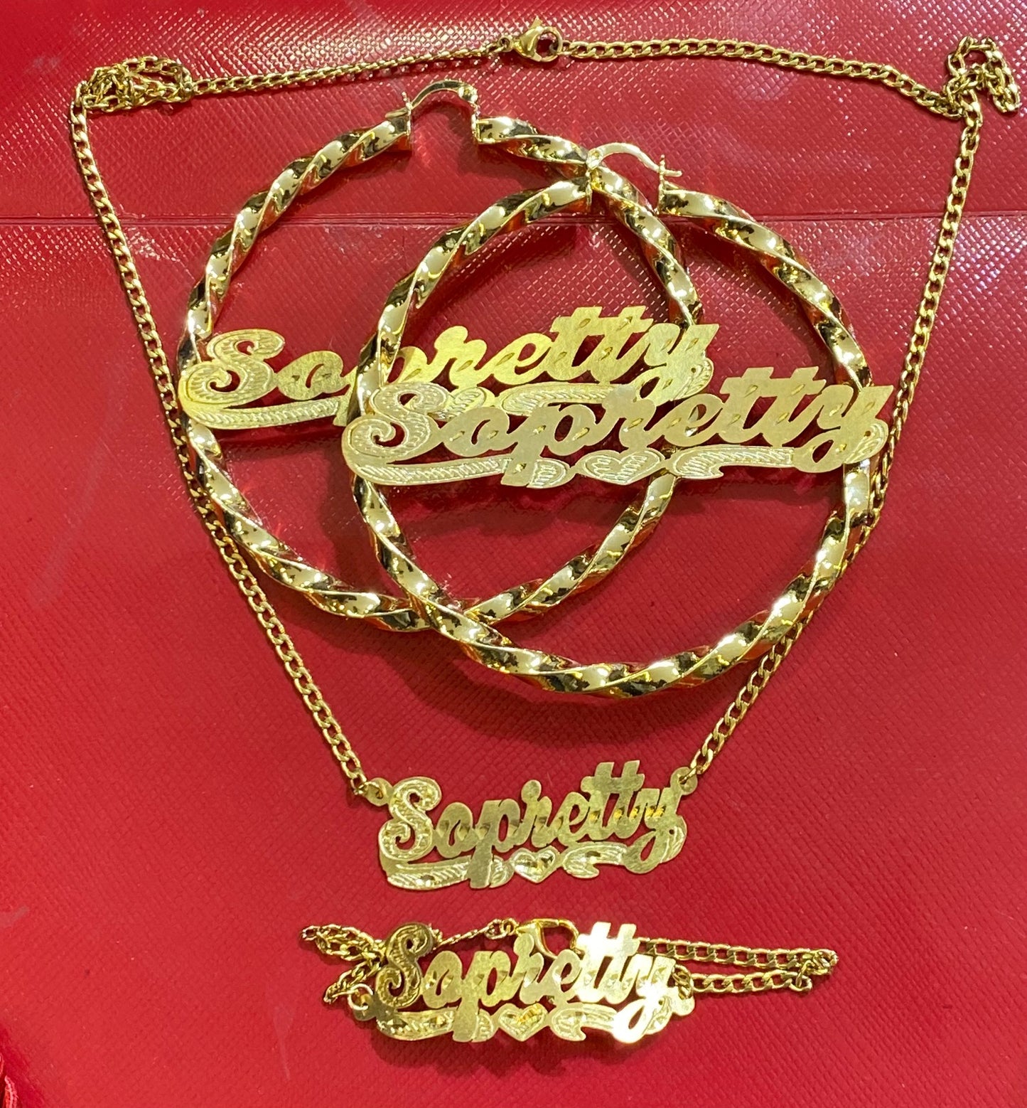 personalized name necklace and twisty 3 inch hoop earrings bracelet set/T1