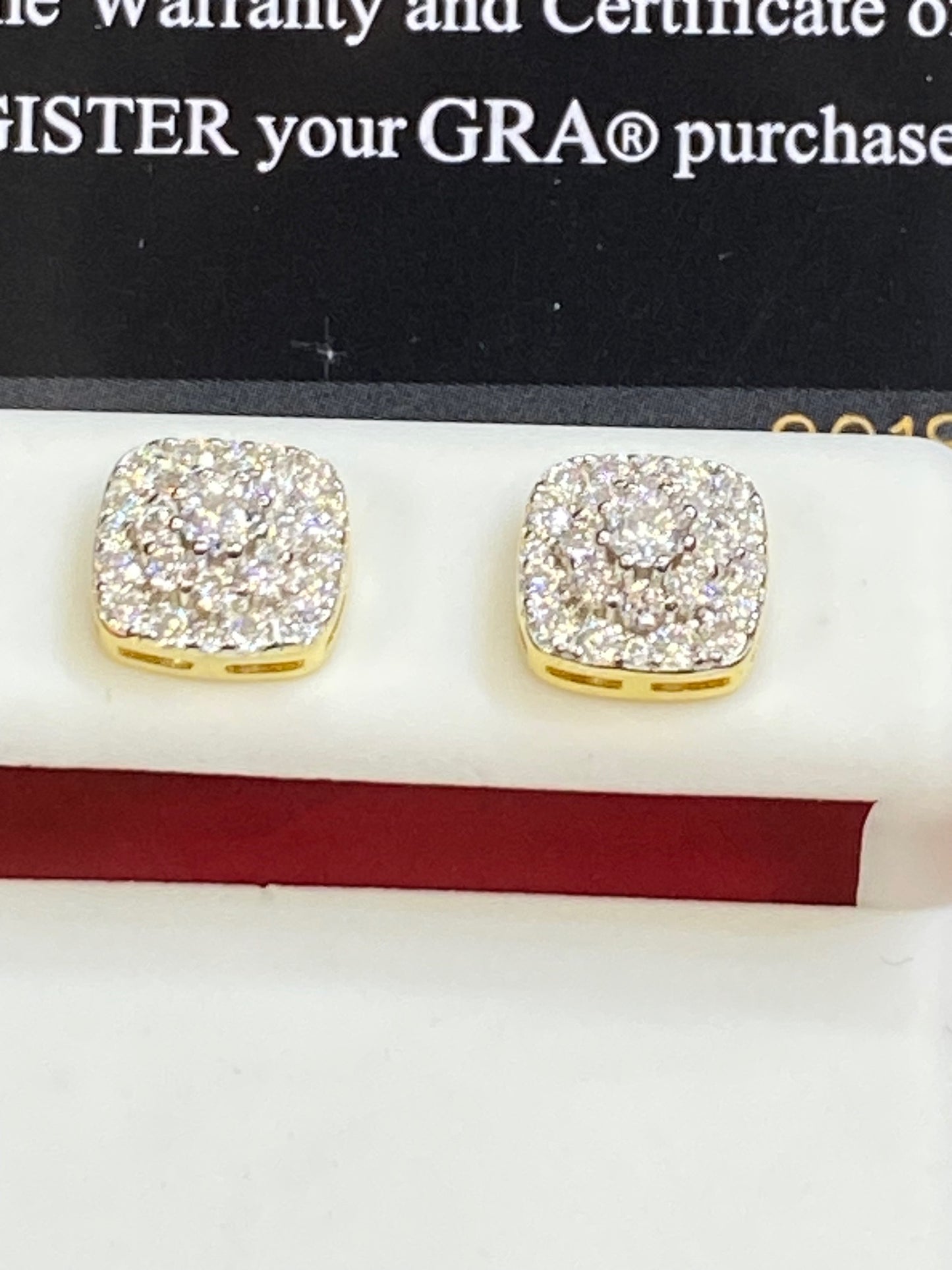 Moissanite Studs squre Cluster Earrings Real 14k Gold Over 925 Silver 9mm