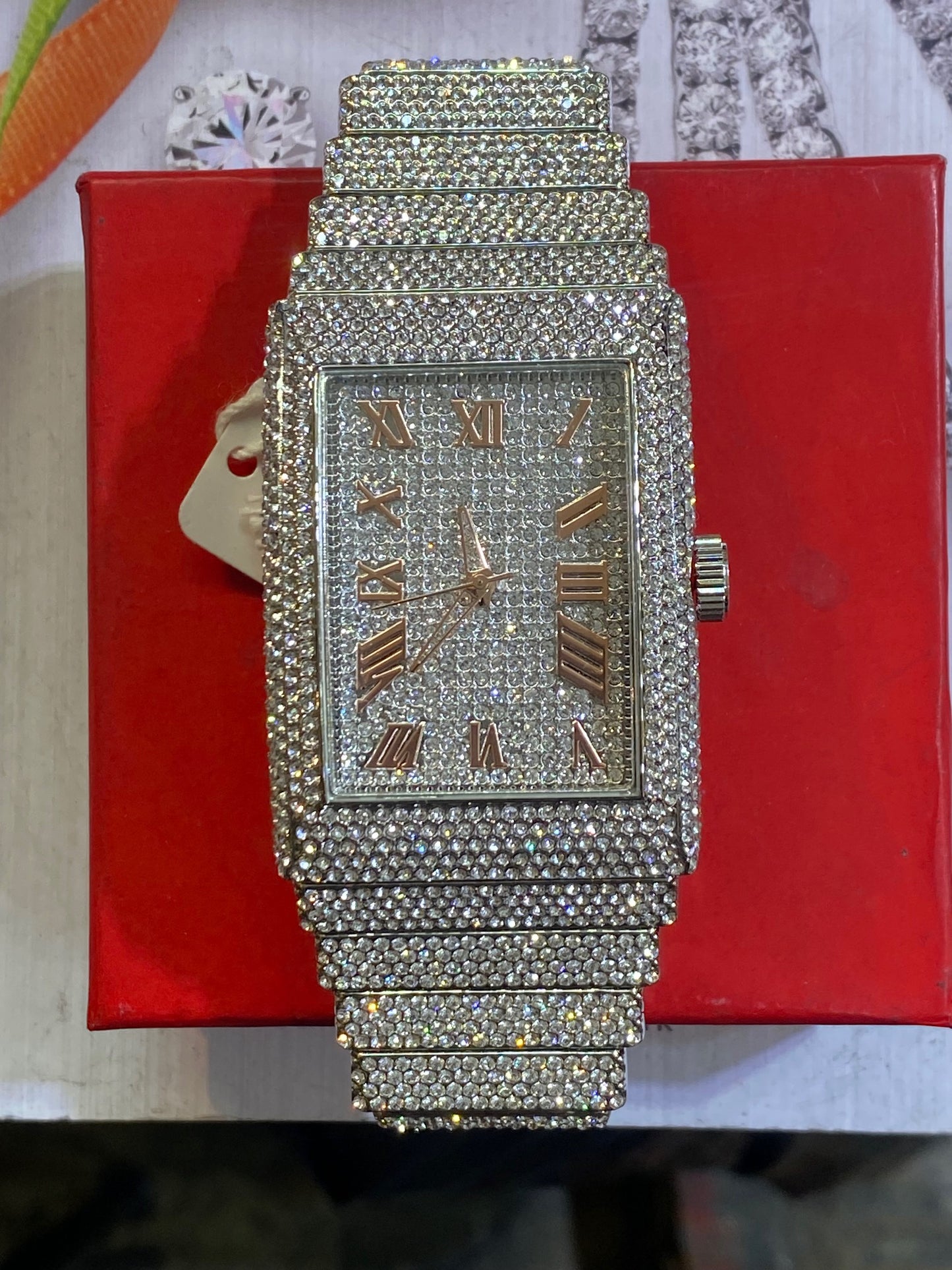 Men Rectangle Big Face Iced up Bezel 40mm CZ white tone bling hip hop Watch