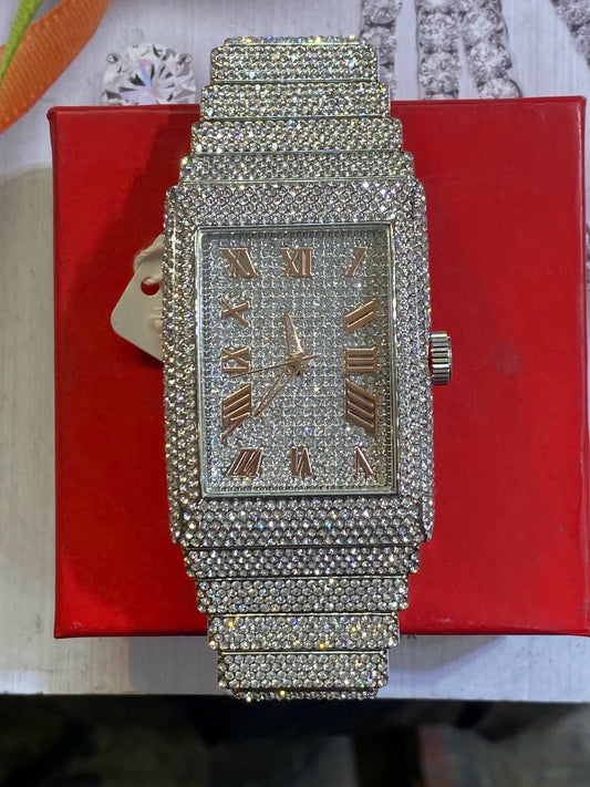 Men Rectangle Big Face Iced up Bezel 40mm CZ  white tone bling hip hop  Watch