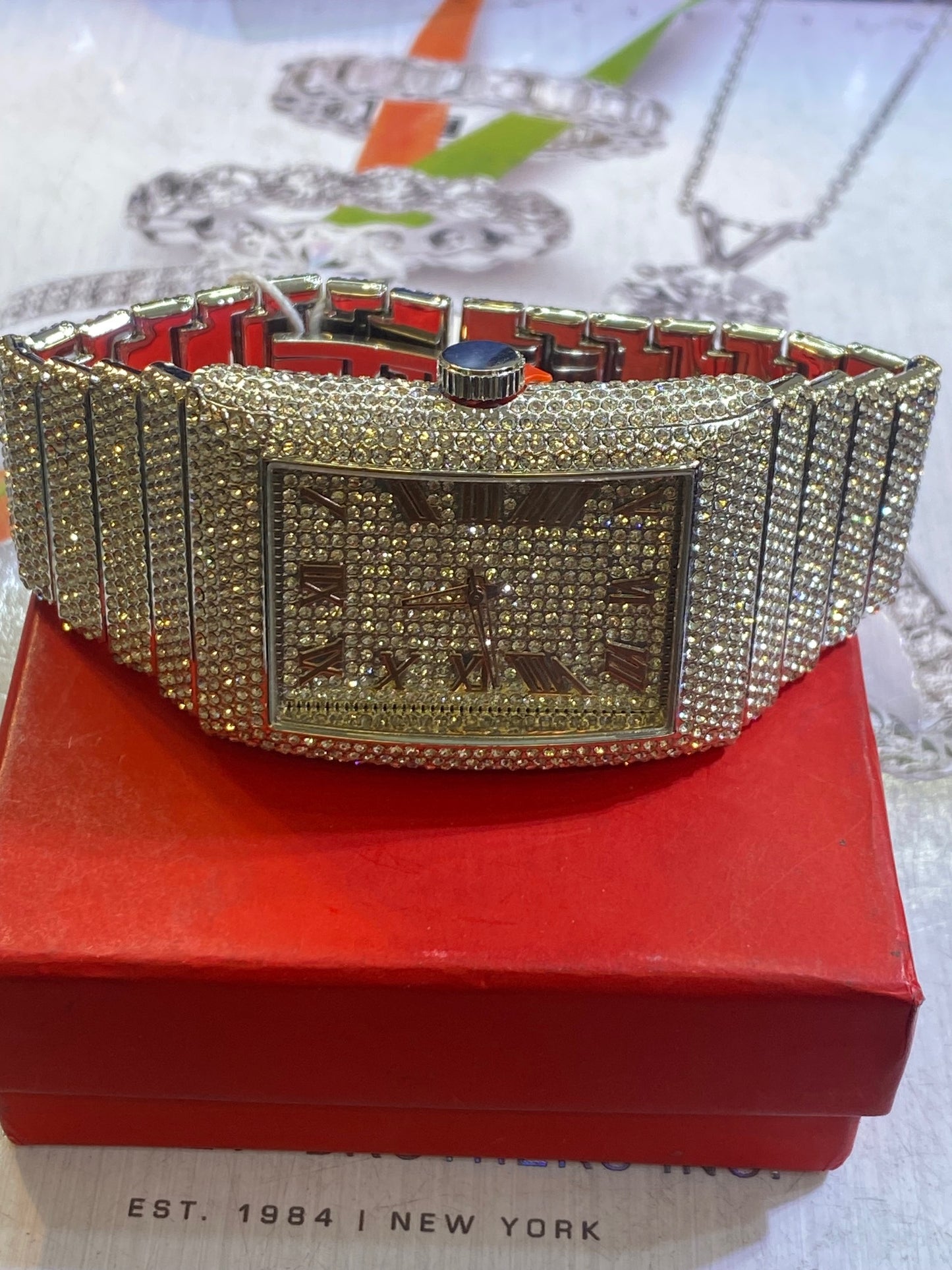 Men Rectangle Big Face Iced up Bezel 40mm CZ white tone bling hip hop Watch