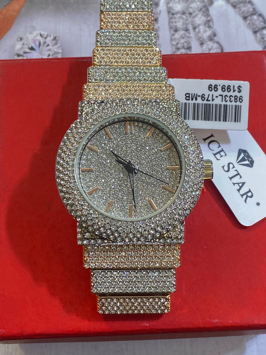 Men round Big Face Iced up Bezel CZ white/rose tone bling hip hop Watch