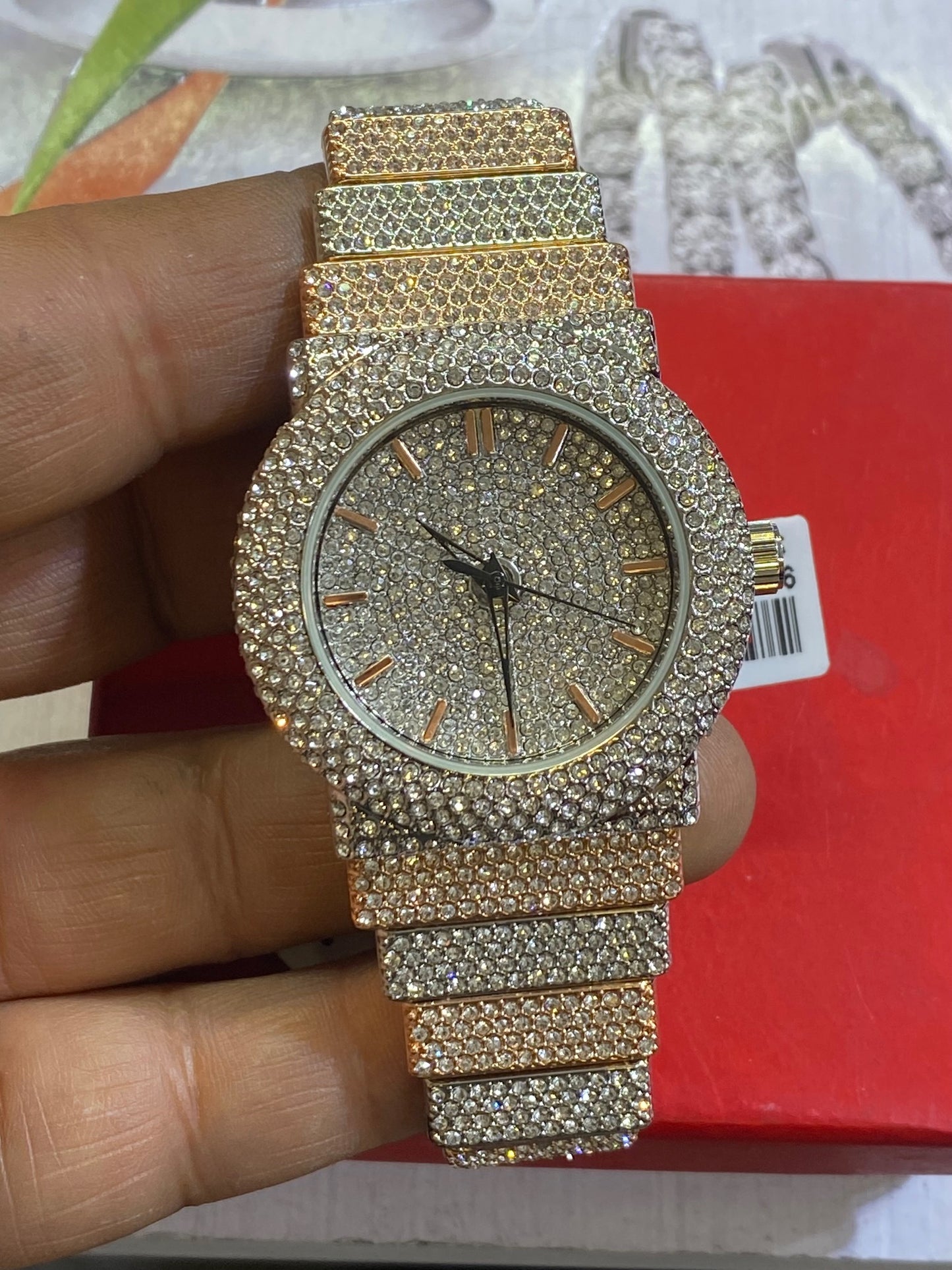 Men round Big Face Iced up Bezel CZ white/rose tone bling hip hop Watch