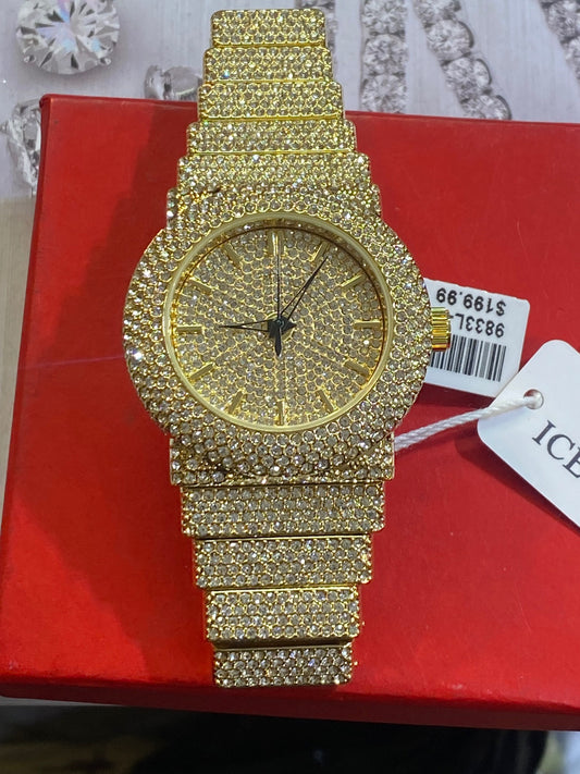 Men round Big Face Iced up Bezel CZ gold tone bling hip hop Watch