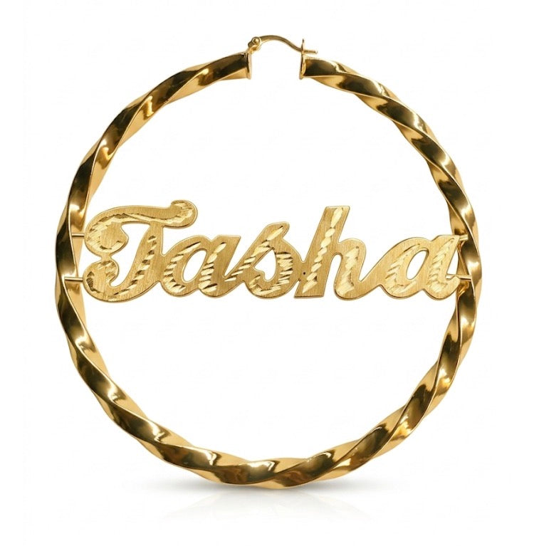 Personalized Thin Twisty Name Hoop Earrings – Custom Name Hoop Earrings (3 Inch)