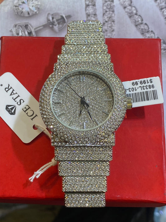 Men round Big Face Iced up Bezel CZ white tone bling hip hop Watch