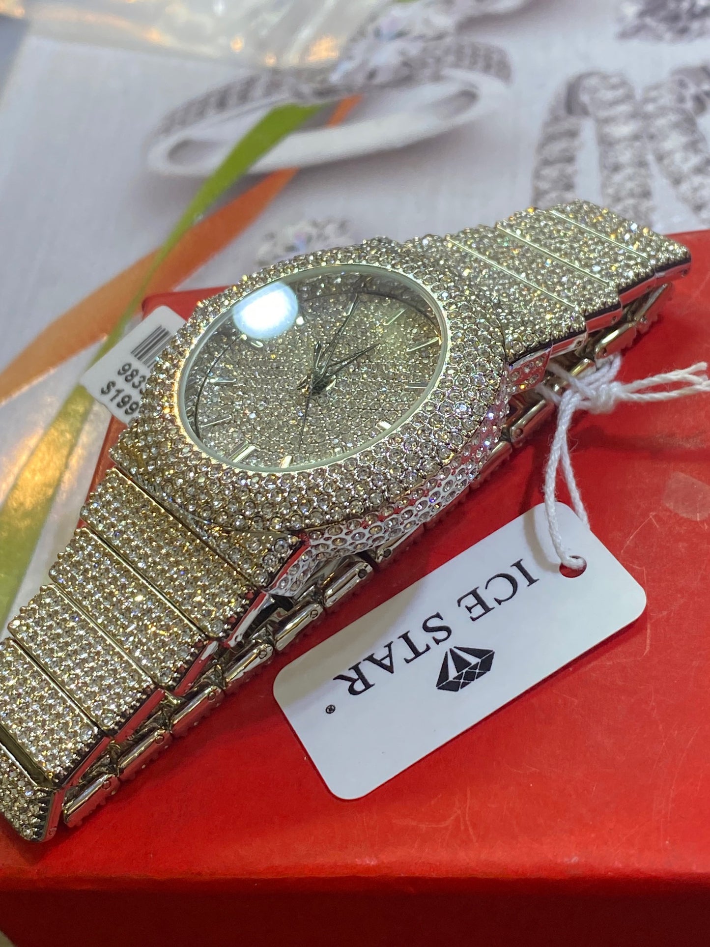 Men round Big Face Iced up Bezel CZ white tone bling hip hop Watch