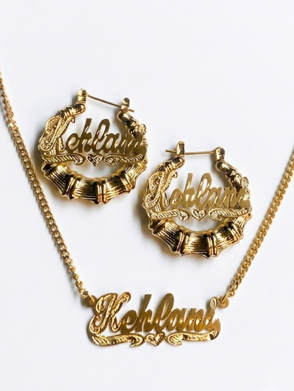 Personalized Name Hoop Earrings + Bamboo Chain Set – Custom Jewelry- cuban chain