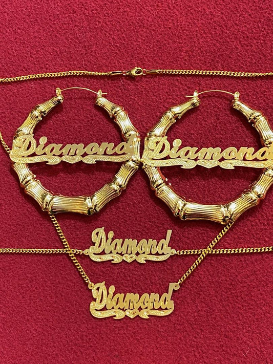 personalized name bamboo earrings bracelet necklace set 1" 1 1/2" 2" 3"