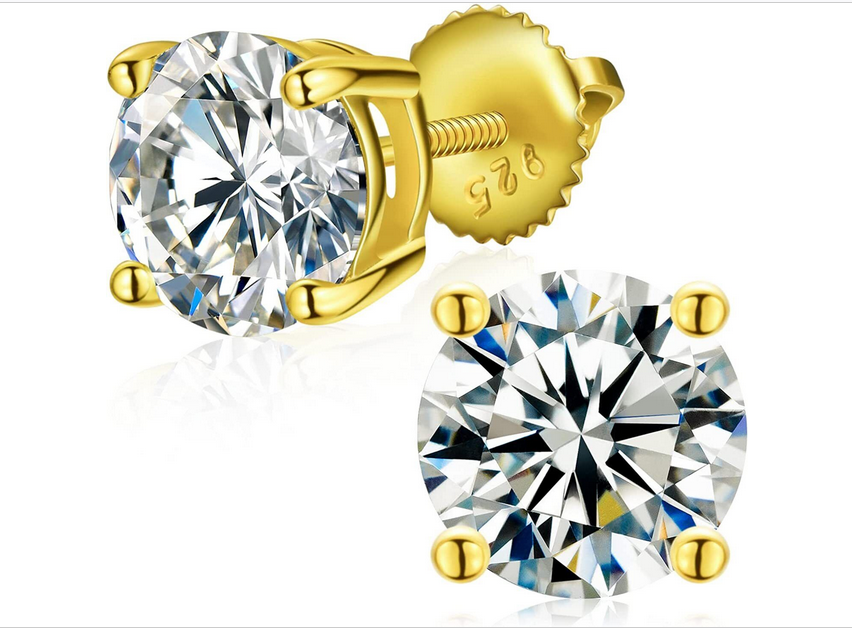 Certified D - VVS1 Moissanite Solitaire Stud Earrings Screw back gold