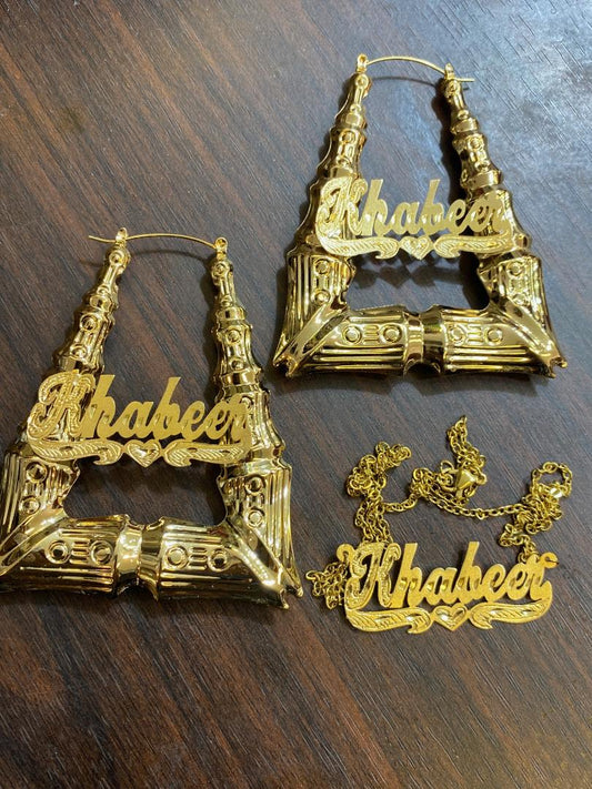 personalized bamboo 3 inch doorknuckles earrings name necklace set