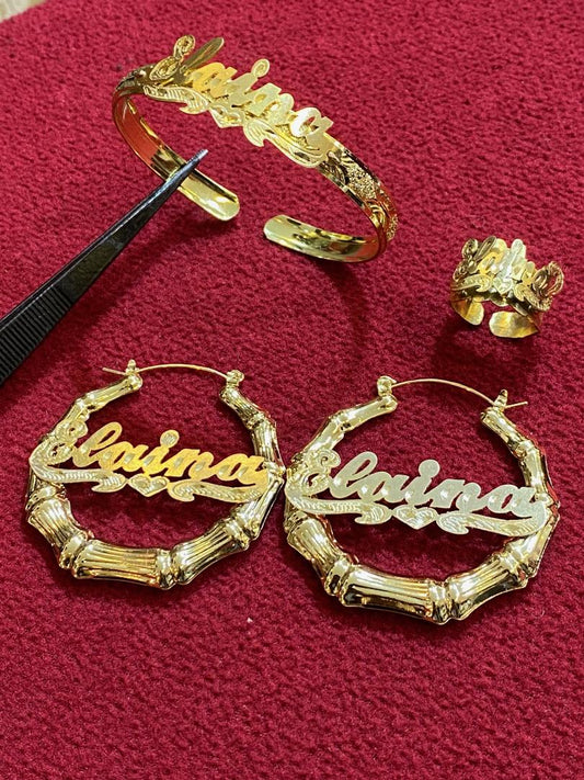 3 pc baby or adult Personalized name bamboo Earrings bangle chain ring jewelry set