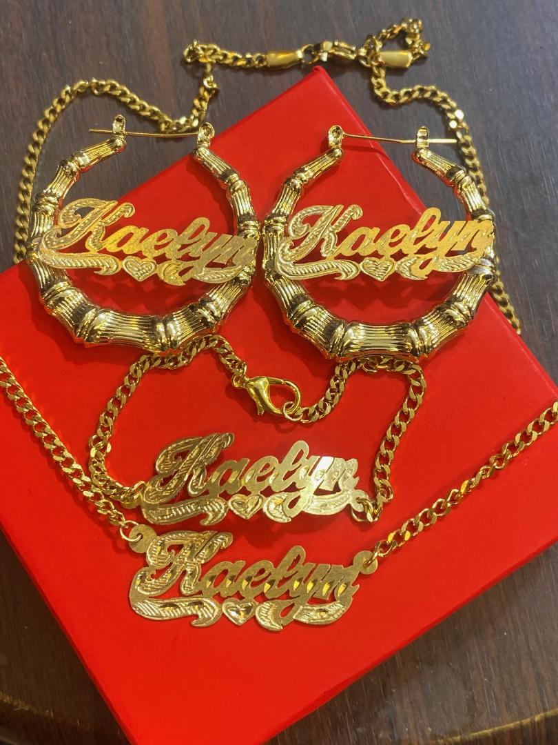 personalized bamboo name earrings necklace bracelet set 1.5 inch gold custom jewelry