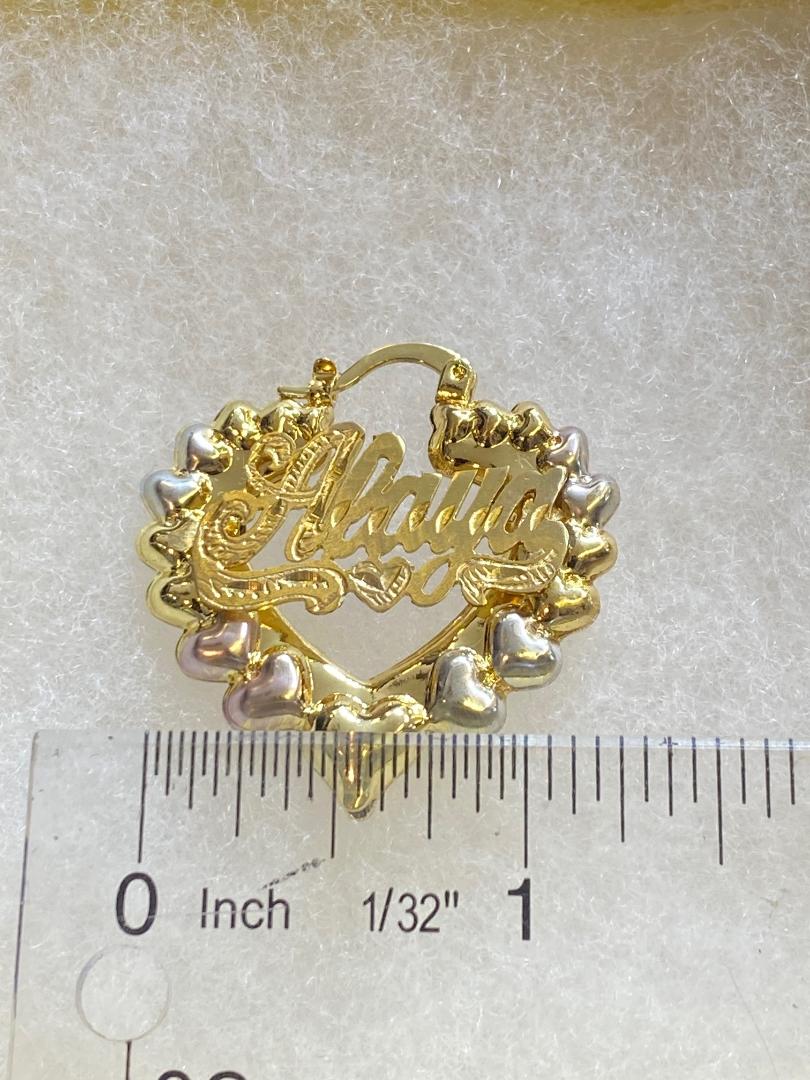 personalized bamboo heart tri color hoop name earrings 1.25 "