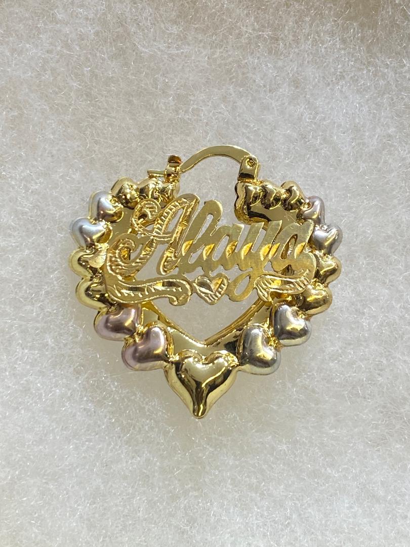 personalized bamboo heart tri color hoop name earrings 1.25 "