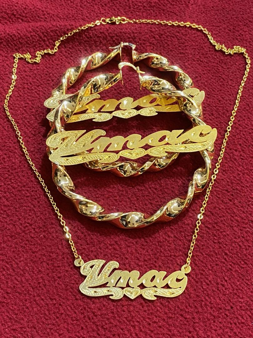 “personalized twisty hoop name earrings necklace set 3 inch”