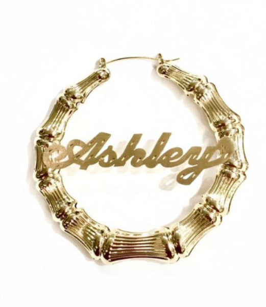 Personalized 14k gold overlay bamboo name earrings custom hoop jewelry