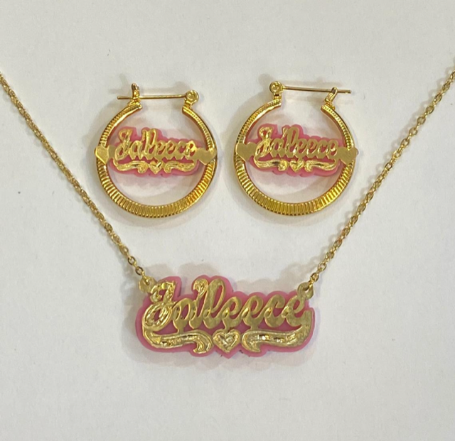 baby Personalized 14k Gold Overlay Name hoop Earrings and chain jewelry set/ onyx
