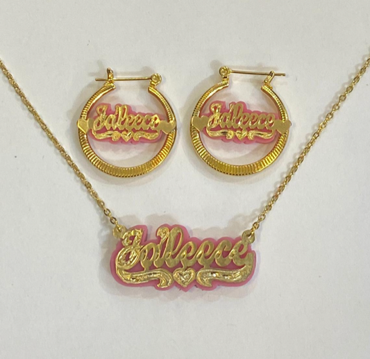 baby Personalized 14k Gold Overlay Name hoop Earrings and chain jewelry set/ onyx