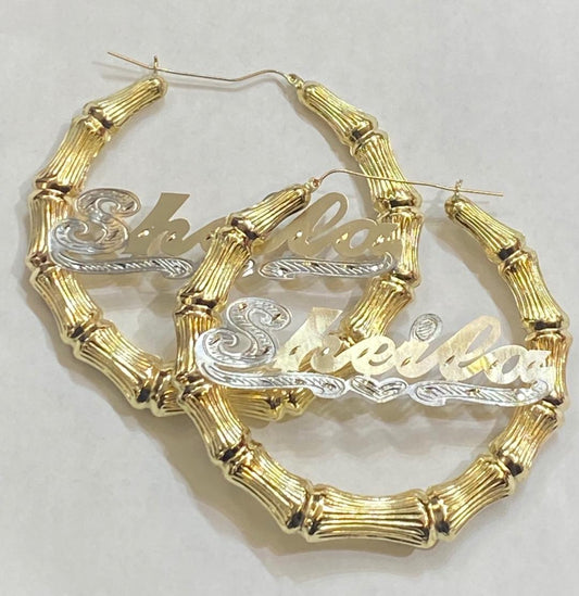 personalized 10k real gold bamboo name earrings  3" or 2 1/4 "