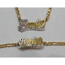 14k Gold Overlay Name Necklace bracelet set Personalized regular tail /thick chain