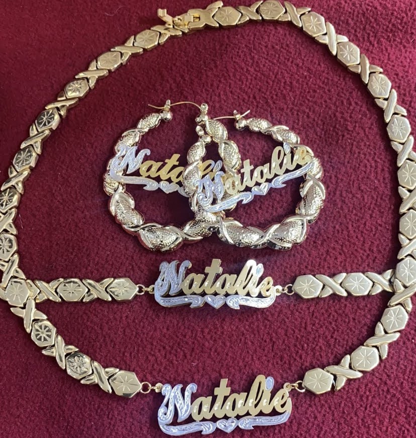 personalized 3D name xoxo chain and bracelet and earrings set 1"-1 1/2" 2" 2 1/2"-3"