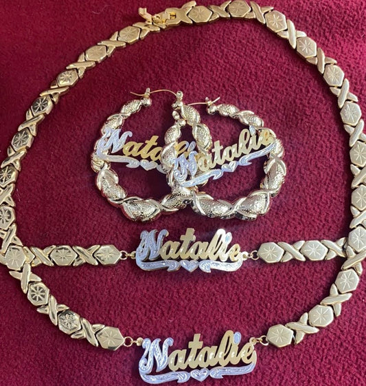 personalized 3D name xoxo chain and bracelet and earrings set 1"-1 1/2" 2" 2 1/2"-3"