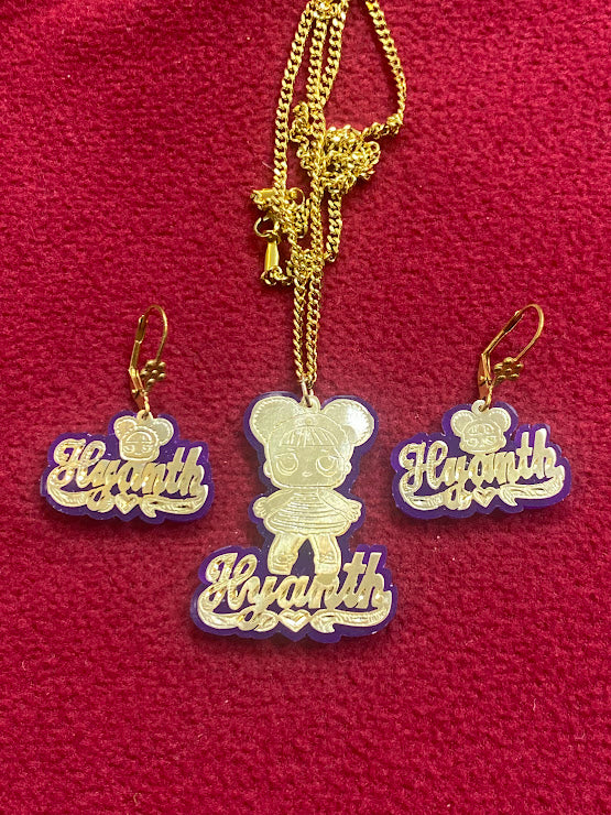 baby or lady name chain necklace earring set with any picture and any color onyx