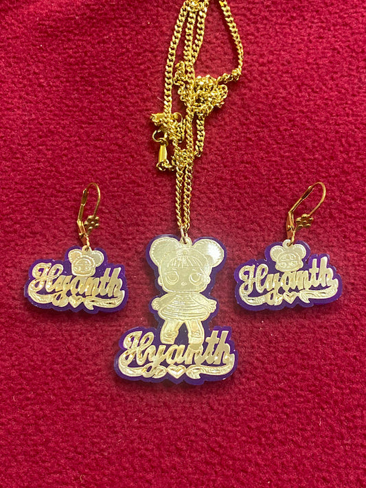 baby or lady name chain necklace earring set with any  picture and any color onyx