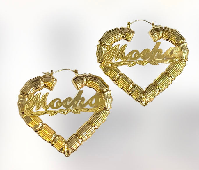 personalized bamboo heart hoop name earrings 1 1/2" or 2" or 2 1/2" or 3"