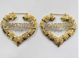 personalized bamboo heart hoop name earrings 1 1/2" or 2" or 2 1/2" or 3"