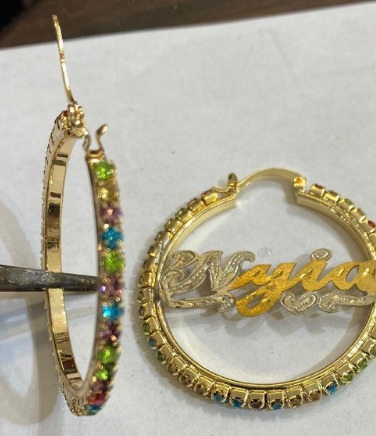personalized name earrings hoop with color stone cz 1 1/2" or 2 1/2"