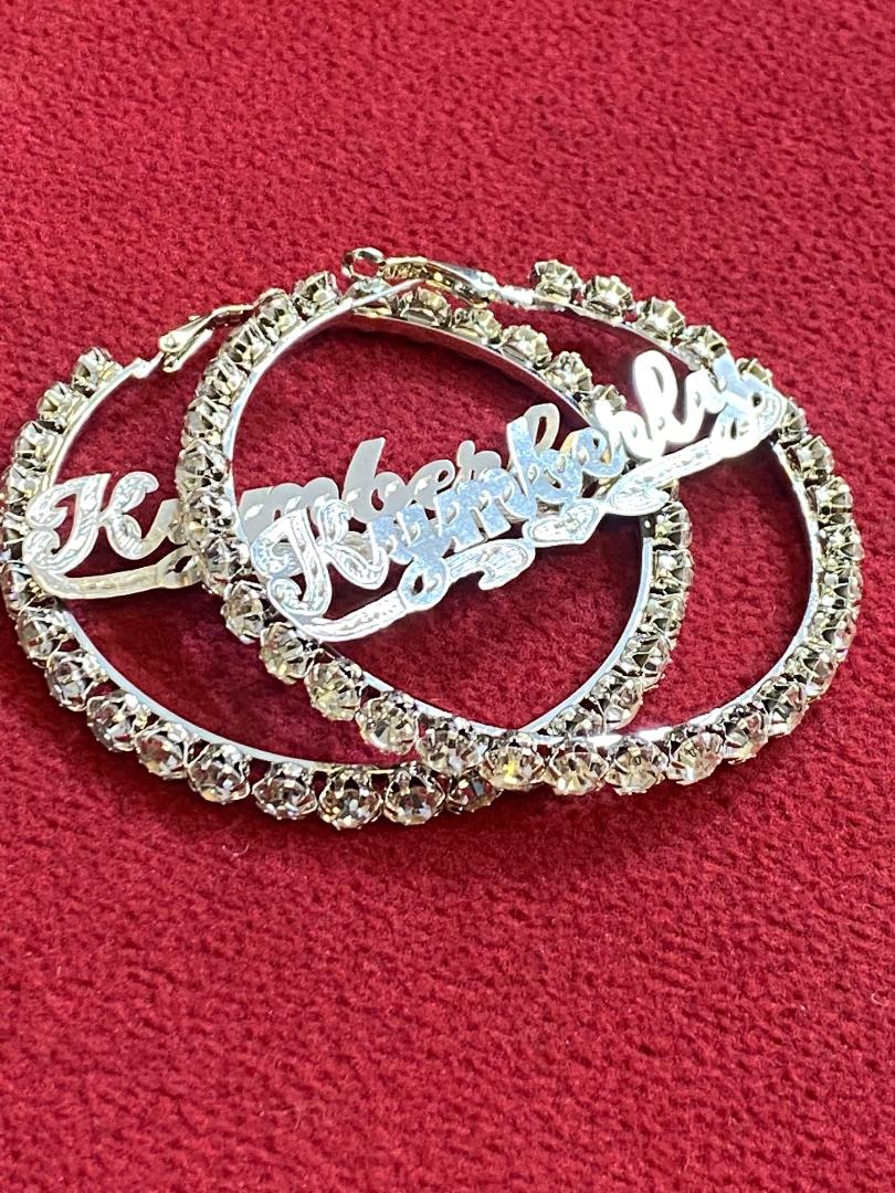 personalized hoop name earrings with CZ stone 2 1/2 " or 3"