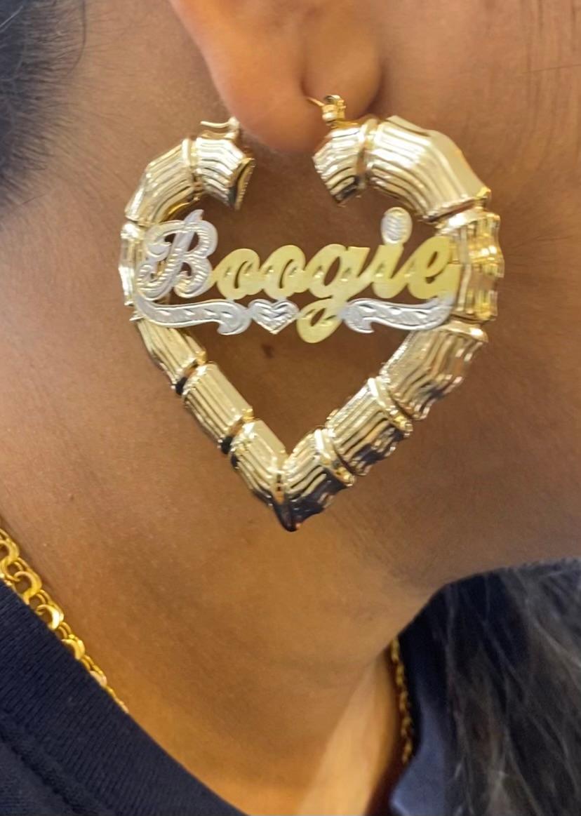 personalized bamboo heart hoop name earrings 1 1/2" or 2" or 2 1/2" or 3"