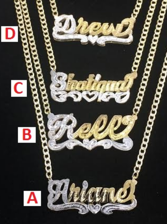 14k Gold Overlay Personalized Double 3d Name Plate Necklace & Chain/Cuban pave