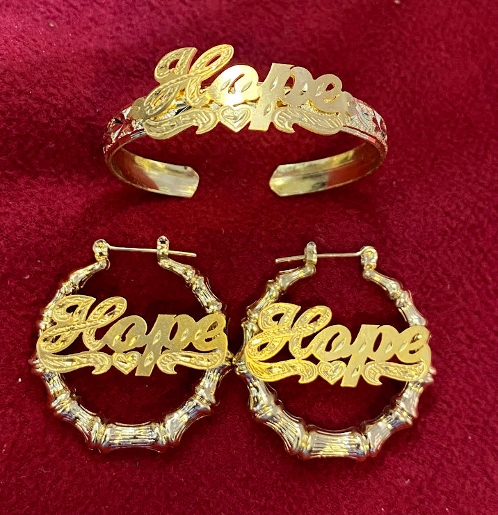 personalized baby bamboo name earrings and bangle set 1 inch gold custom jewelry