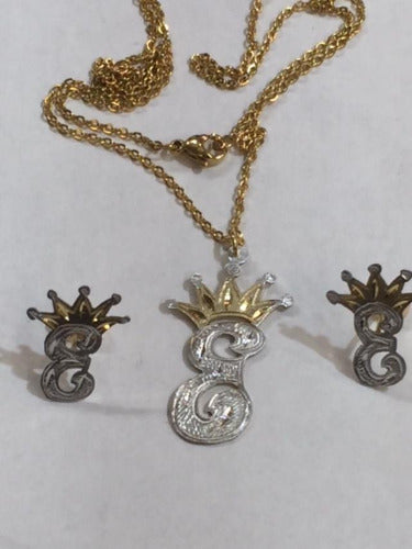 Personalized 14k Gold Overlay initial Name Plate Necklace earrings set crown sp
