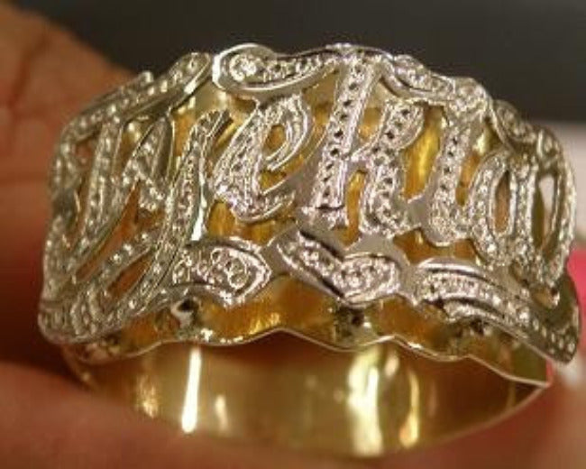10k -14k- gold overlay - silver- ANY Name Ring Personalized round ring