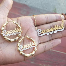 Personalized 14k Gold Overlay Name hoop Earrings Bamboo and chain jewelry set