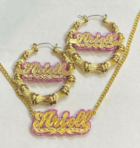 Personalized 14k Gold Overlay Name hoop Earrings and chain jewelry set/ onyx