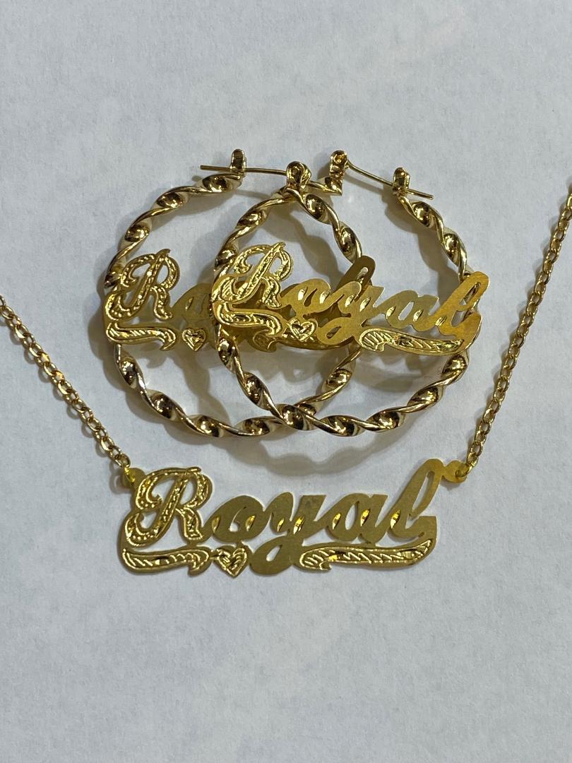 Personalized Name Necklace and twisty earring set 1 1/2 inch thin