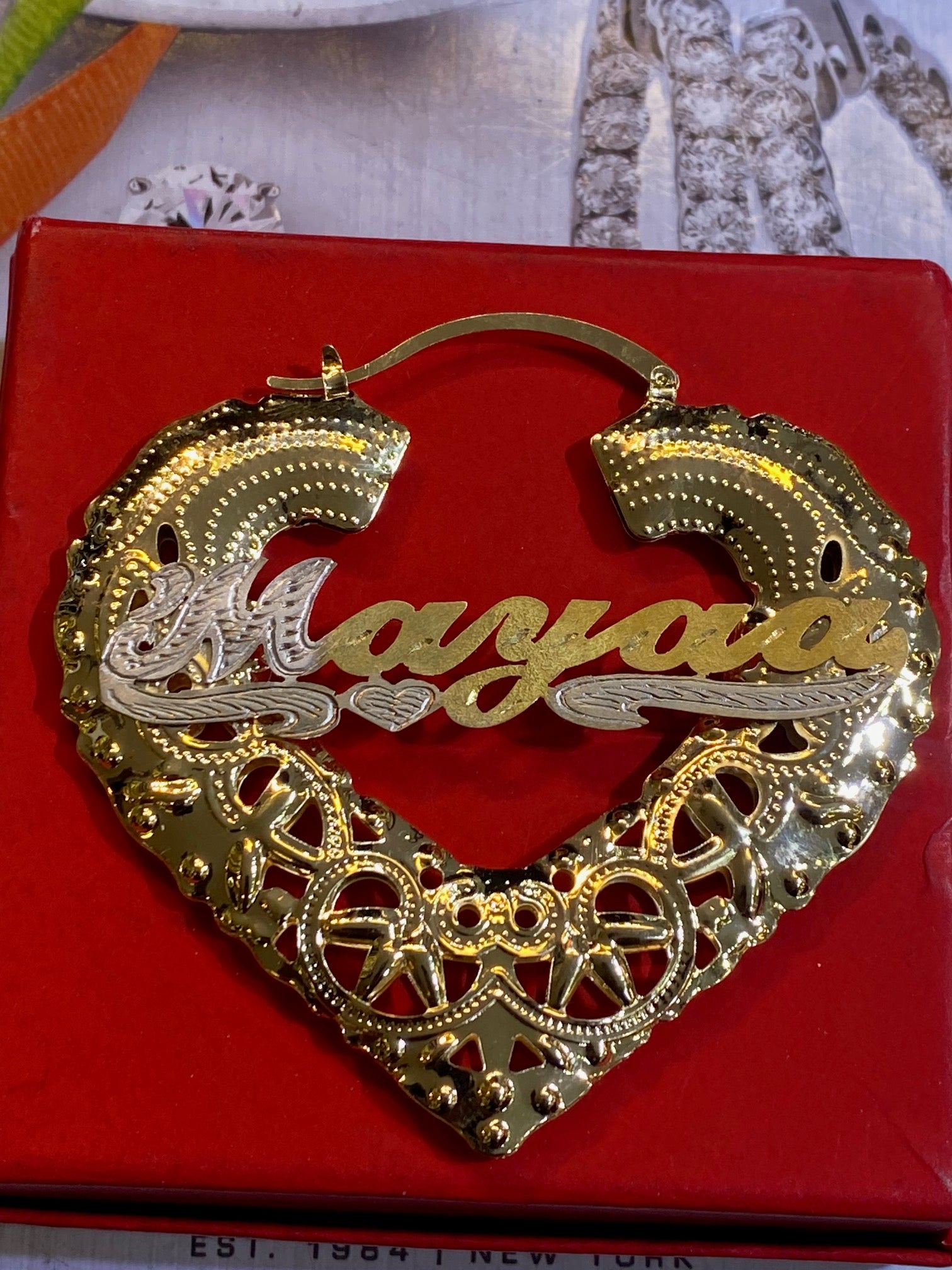 3 inch heart bamboo name earrings