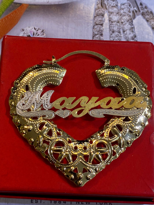 3 inch heart bamboo name earrings