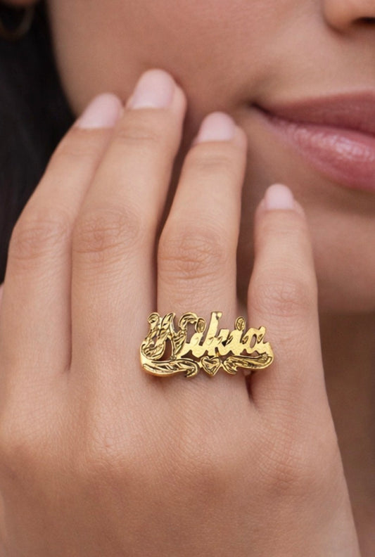 10k -14k-  gold overlay - silver- ANY flat Name Ring Personalized round ring single plate