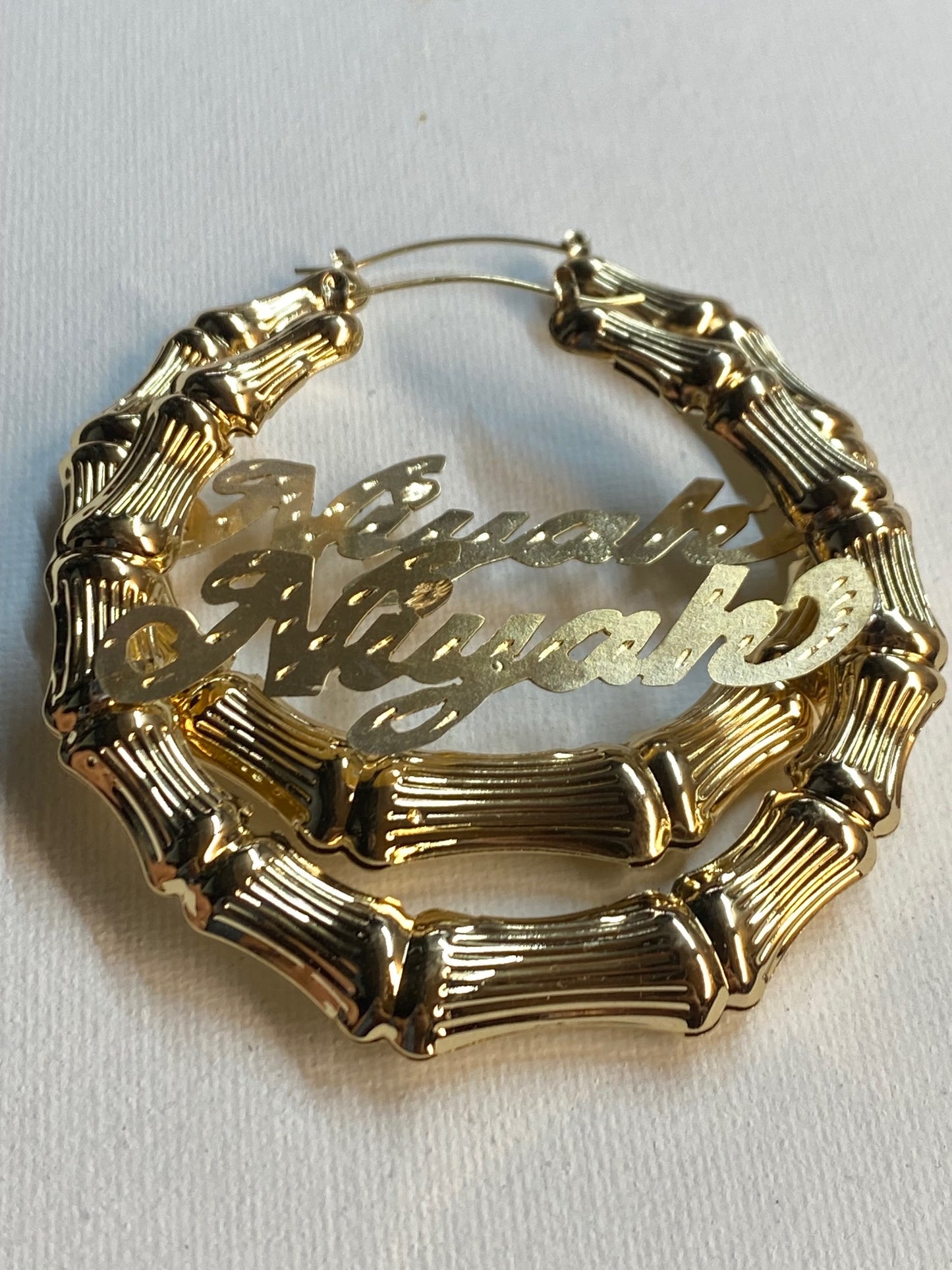 Personalized Bamboo Name Hoop Earrings (3 Inch) – Custom Name Earrings Gold Nameplate Hoops
