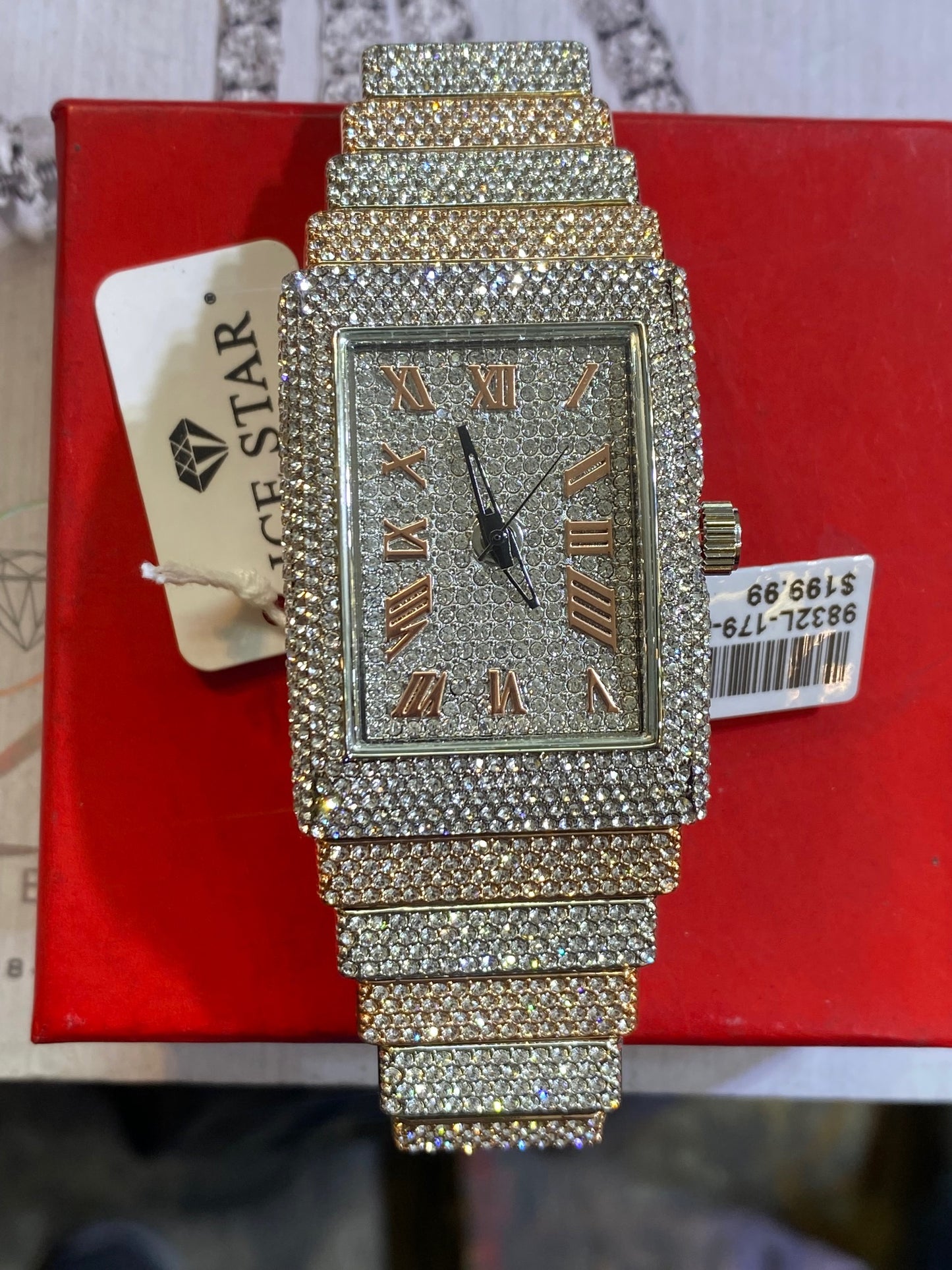 Men Rectangle Big Face Iced up Bezel CZ white/rose tone bling hip hop Watch